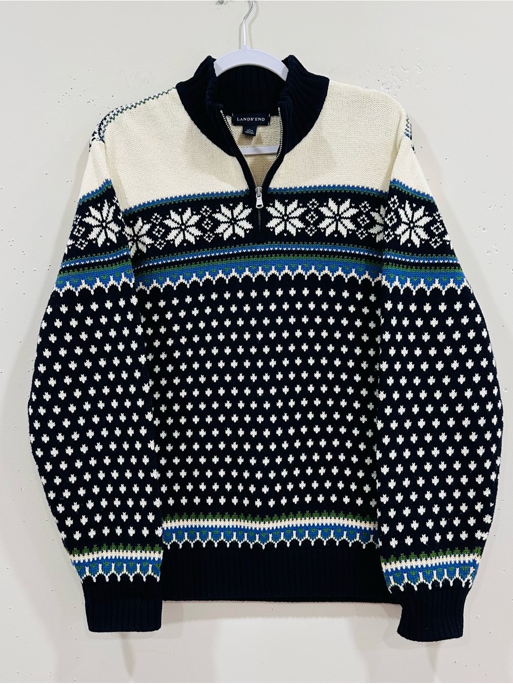 Vintage Lands End Fair Isle Sweater L 1/4 Zip Nordic Snowflake Wool Blend 90s